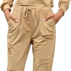 Jogger Set with Crop Sweatshirt Hoodie Distressed Cut …